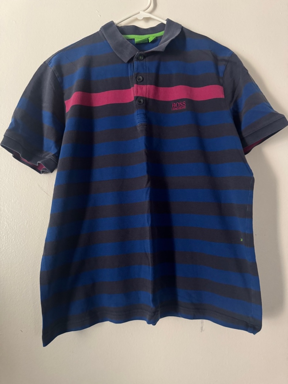BOSS Polo Shirt in Pink, Blue and Navy with Green Trim - Picture 4 of 6